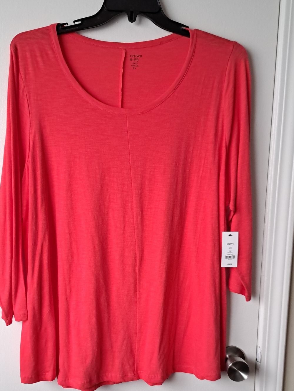 Crown & Ivy Coral 3/4 Sleeve Scoop Neck Top 2X NWT